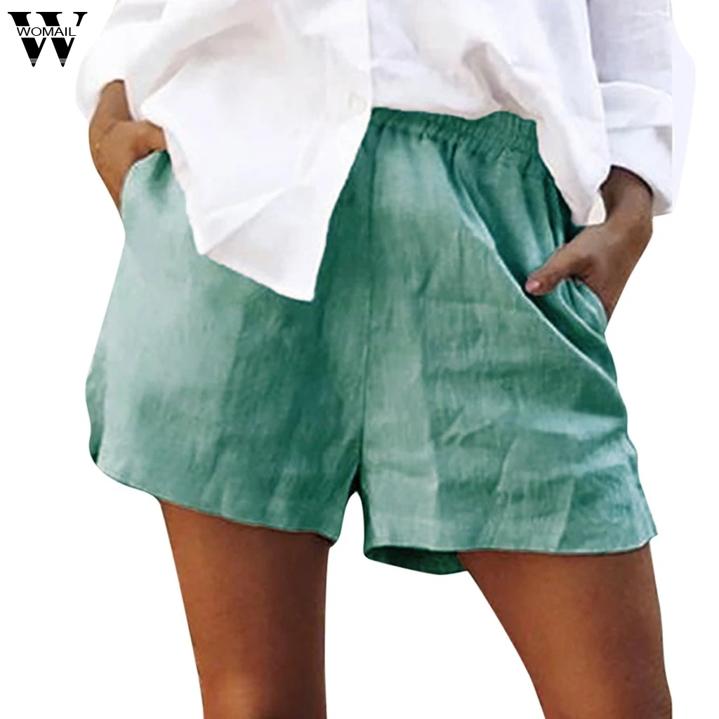 

Womail Shorts Women Fashion Solid Color Cotton Flax Elastic Short Pants Beach Solid color ladies linen Short dropship May30