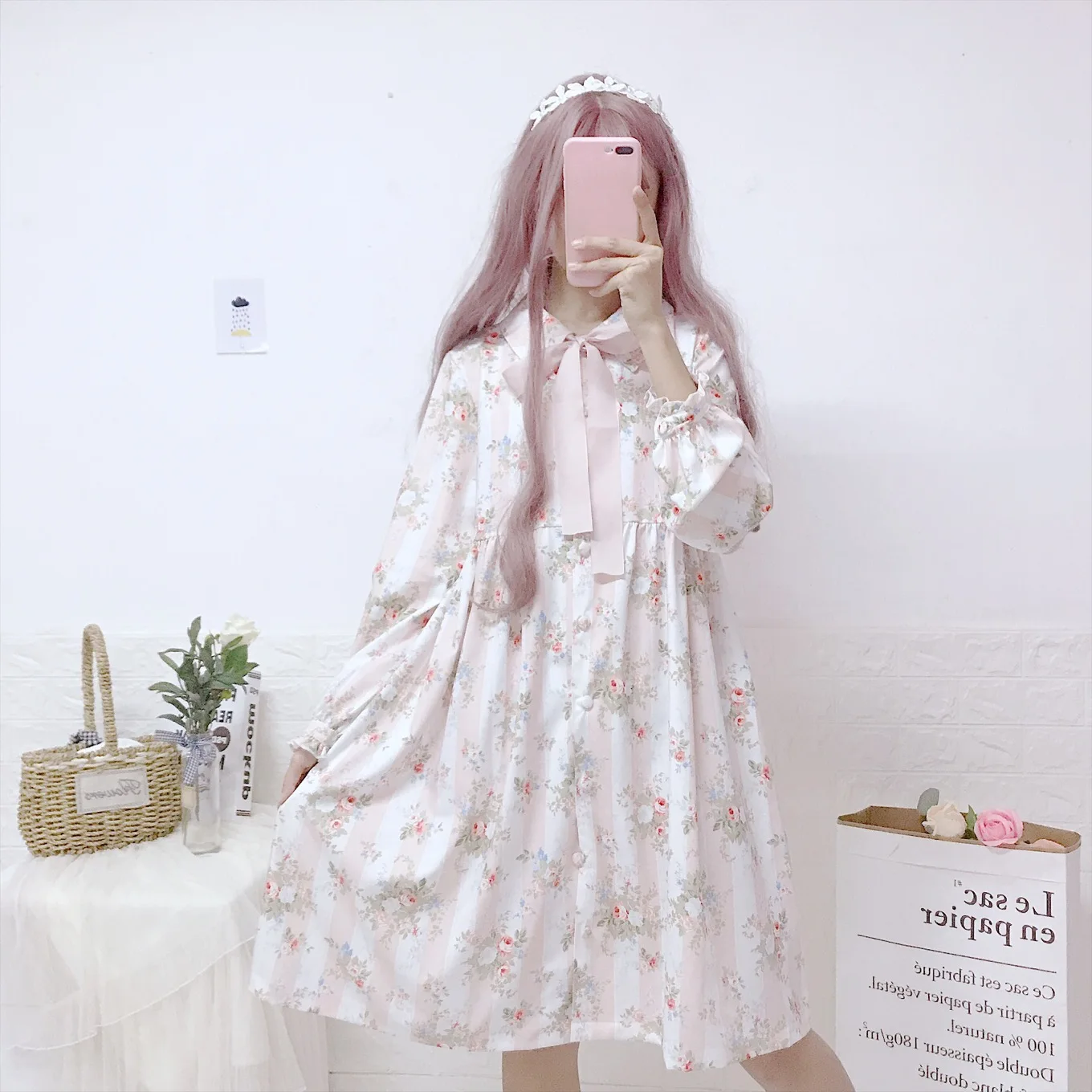 Женское платье с цветочным принтом свободное длинным рукавом и воротником Питер