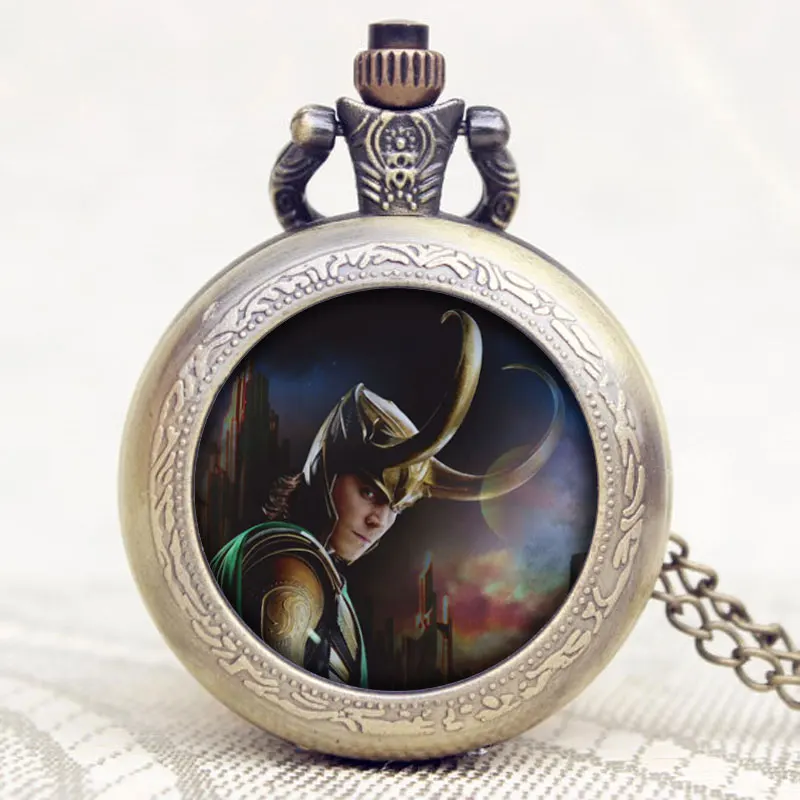 Hot Movie The Avengers Loki Design Old Bronze Quartz Pocket Watch With Chain Necklace Free Shipping european and american movies aladdin and the magic lamp quartz pocket watch do the old flip quartz watch chain table ds274
