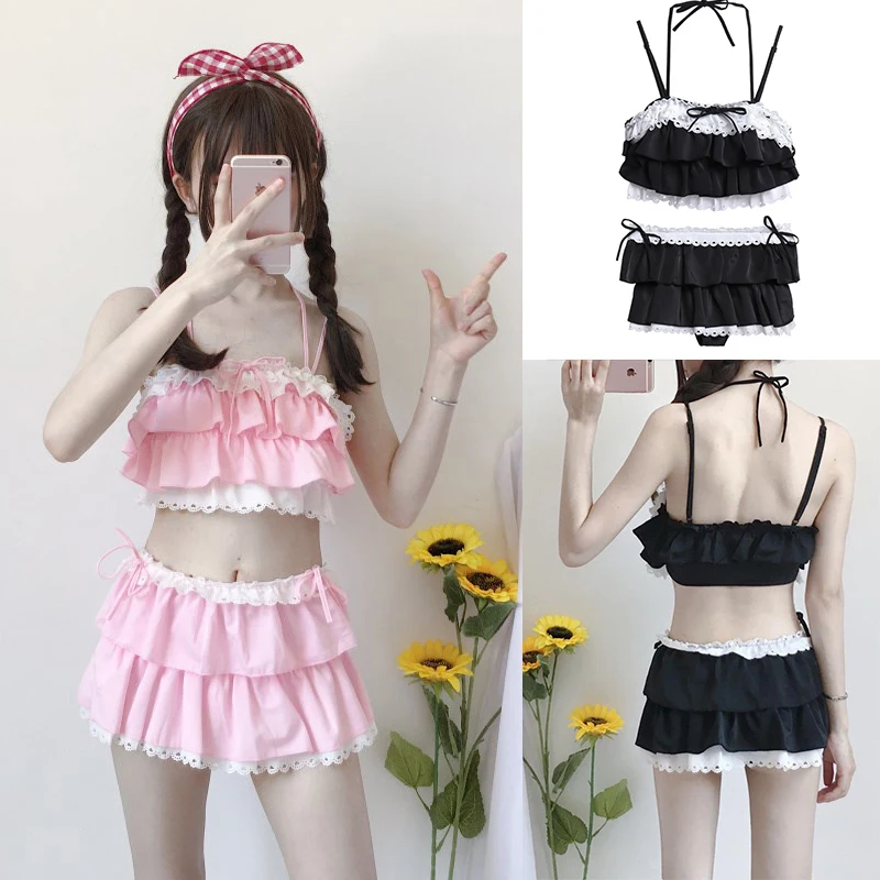 

New Arrival Women Lolita Bikini cosplay Swimwear Color Pink and Black Swim Wear Hollow Out Hem Multilayer biquini Women Swimsuit