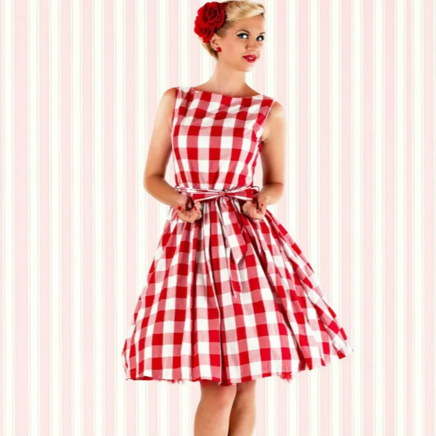 Audrey Hepburn vintage 50s 60s rockabilly dress O neck sleeveless plaid women casual party retro