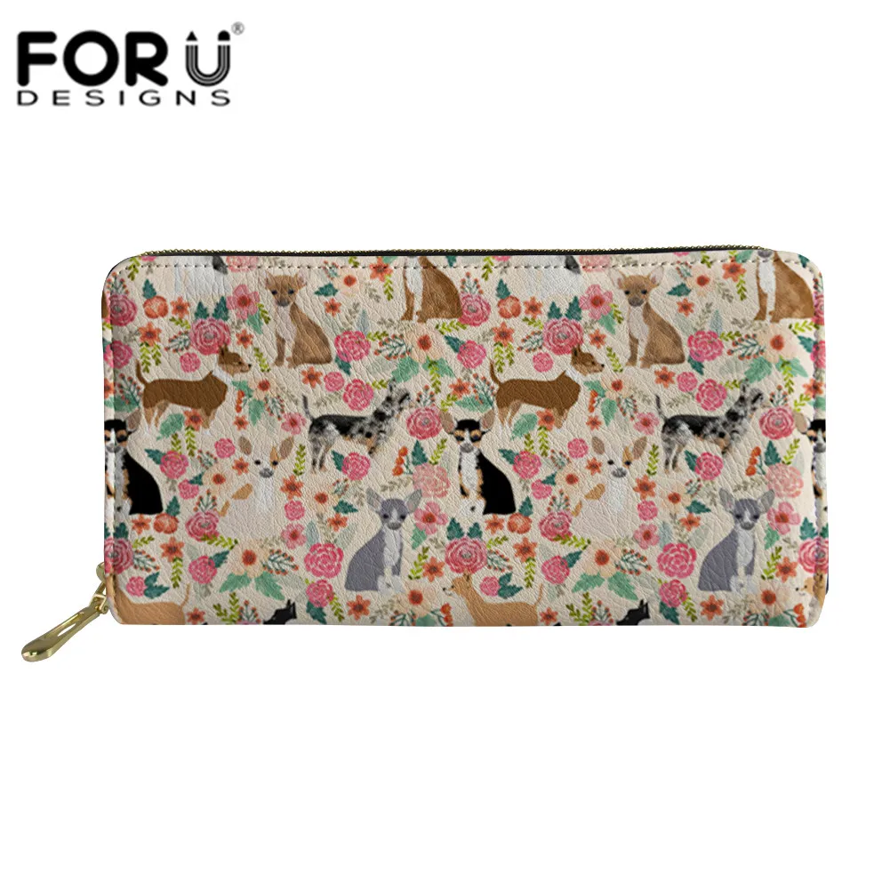 

FORUDESIGNS PU Waterproof Long Wallet For Women Female Coin Purse Cute Chihuahuas Dogs Flower Print Card Holder Clutch Wallets