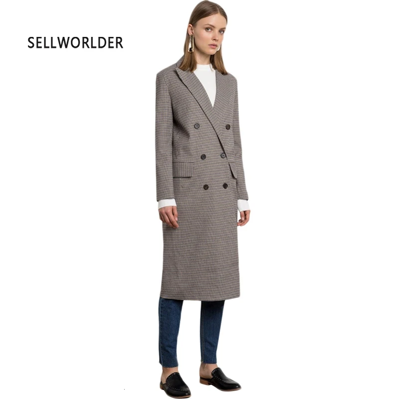 

Women Grey Plaid Trench Coats Double Breasted Wide-waisted Female Vitange Elegant Style Outwears Lady