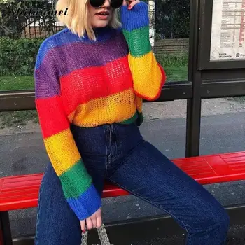

Harajuku Mohair Striped Women Sweater 2018 Fashion Autumn See Through Rainbow Knitted Pullover Hollow Out Sexy Jumper Pull Femme