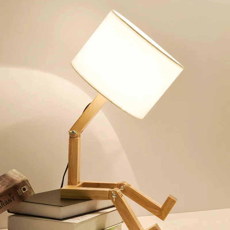 Креативный Настольный светильник в форме робота, светодиодный, с вилкой EU/AU/US, гибкий Регулируемый складной светильник для чтения, прикроватная лампа из деревянной ткани