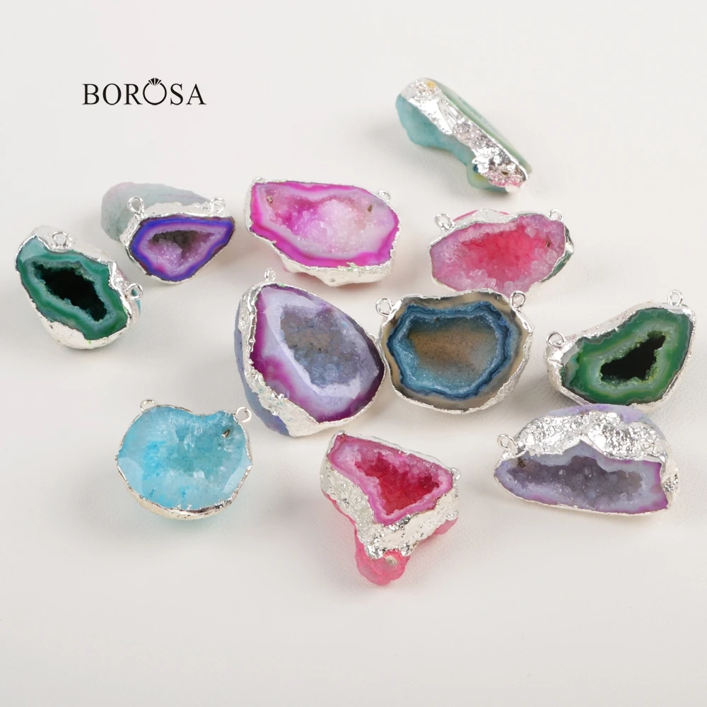 

BOROSA Silver Color Freeform Rainbow Agates Druzy Geode Connector for Fashion Pendant Necklace CL252