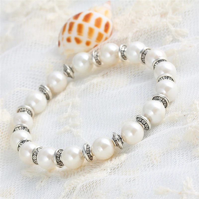

Europe Vintage Simulated Pearl Bangles Bead Stone-Buddha Bracelets Wedding Gifts for Women Elastic Yoga Bracelet Pulseras Mujer