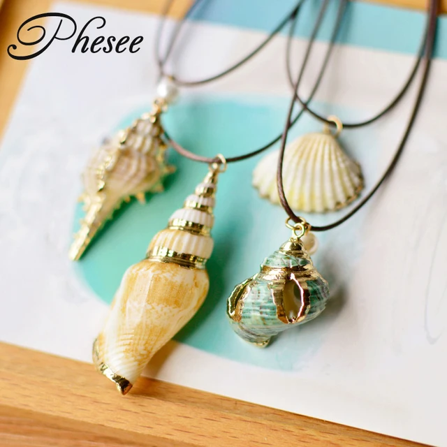 Phesee Mode 4 Style Or Couleur Naturel Conque Coquillage Pendentif et Collier Corde Chaîne Colliers Bijoux