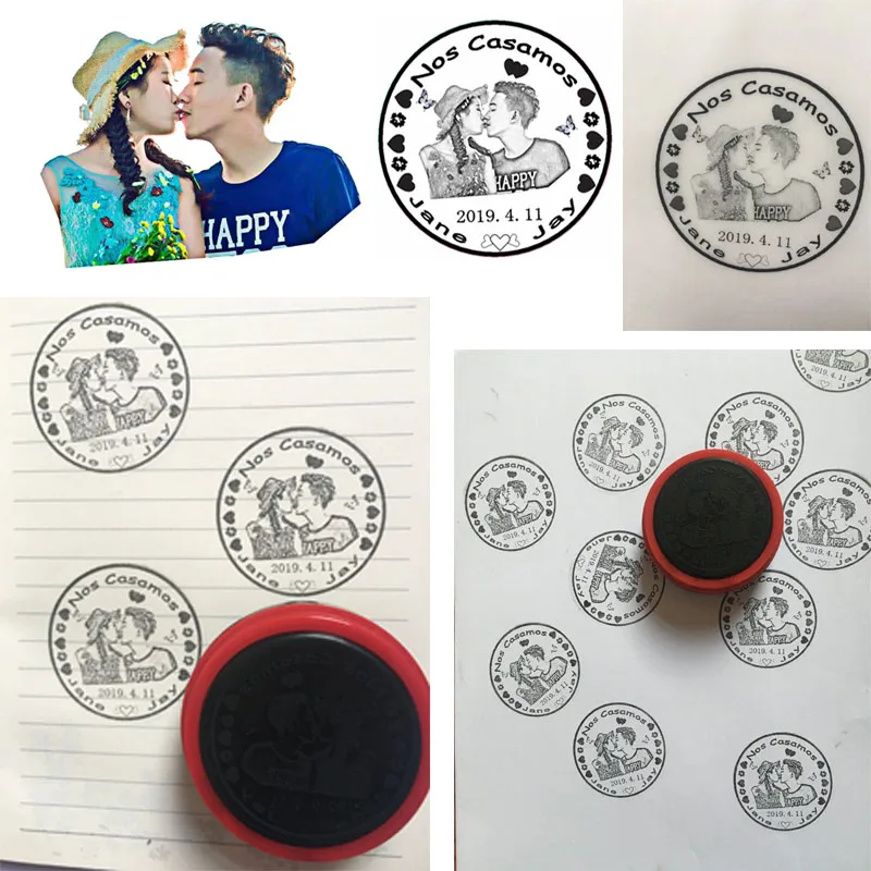 

5CM Circle Photosensitive Seal Photo Stamp Personalized Custom Spanish NOS CASAMOS Wedding Stamp For Invitation Card