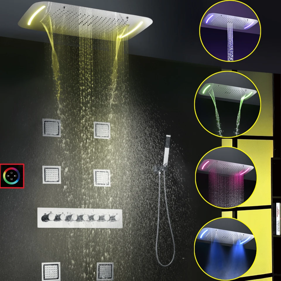 Bathroom Rain Shower Faucet Set Waterfall Bath Mixer Shower Panel Ceiling LED Shower Head Thermostatic Bath & Shower System