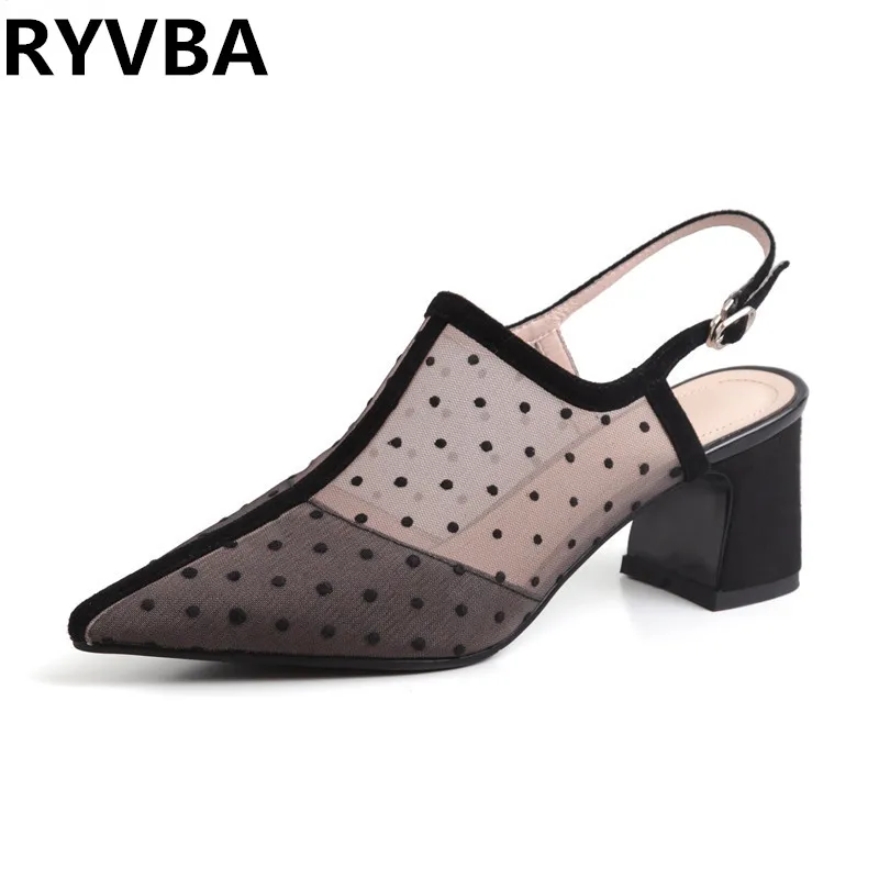 

RYVBA 2019 woman fashion mesh leather square heels sandals sexy women summer pointed toe shoes ladies gladiator sandalias mujer