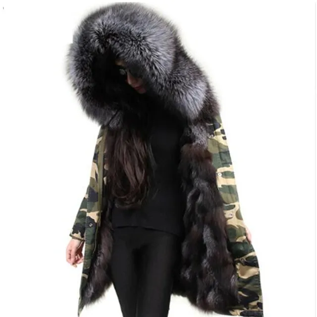 Cheap Women Large Real Raccoon Fur Collar Army Camouflage Coats Real Fox Fur Inner Jacket Female hooded Winter Long Jackets