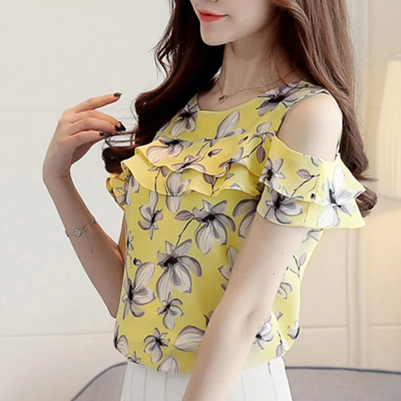 Women's Flower Printed Cold Shoulder Chiffon Tops 2019 Woman Butterfly Sleeve Casual Office Lady Blouses Female Feminine Tops