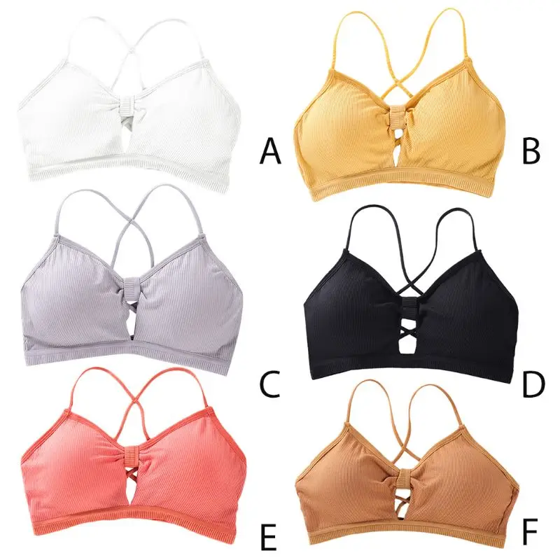 

Women Girl Ribbed Knit Bralette Bright Candy Color Cross Strappy Backless Underwear Hollow Knotted Front Push Up Padded Crop Top