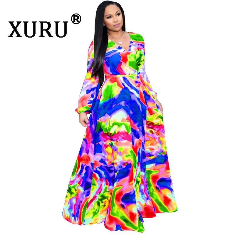 

XURU summer new women's digital print dress fashion style big chiffon long dress bohemian beach dress lined S-3XL-5XL