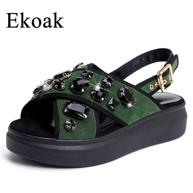 Ekoak New 2018 Genuine Leather Women Sandals Sexy Crystal Gladiator Sandals Fashion Wedges Platform Summer Shoes Woman