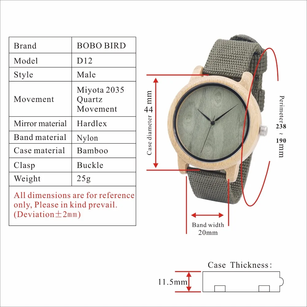 Бобо птица v-d12 Мужские Бамбук Деревянные Часы Green Wood циферблат Bamboo Дело кварцевые наручные с нейлоновым ремешком в подарочной коробке