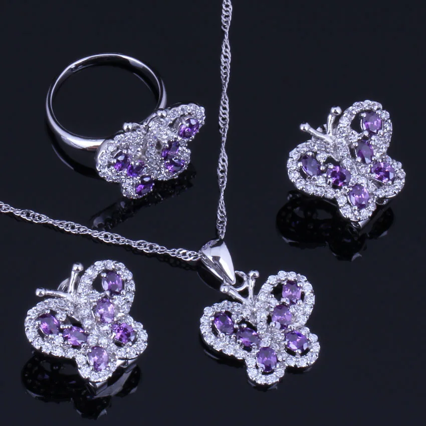

Majestic Butterfly Purple Cubic Zirconia White CZ 925 Sterling Silver Jewelry Sets For Women Earrings Pendant Chain Ring V1000