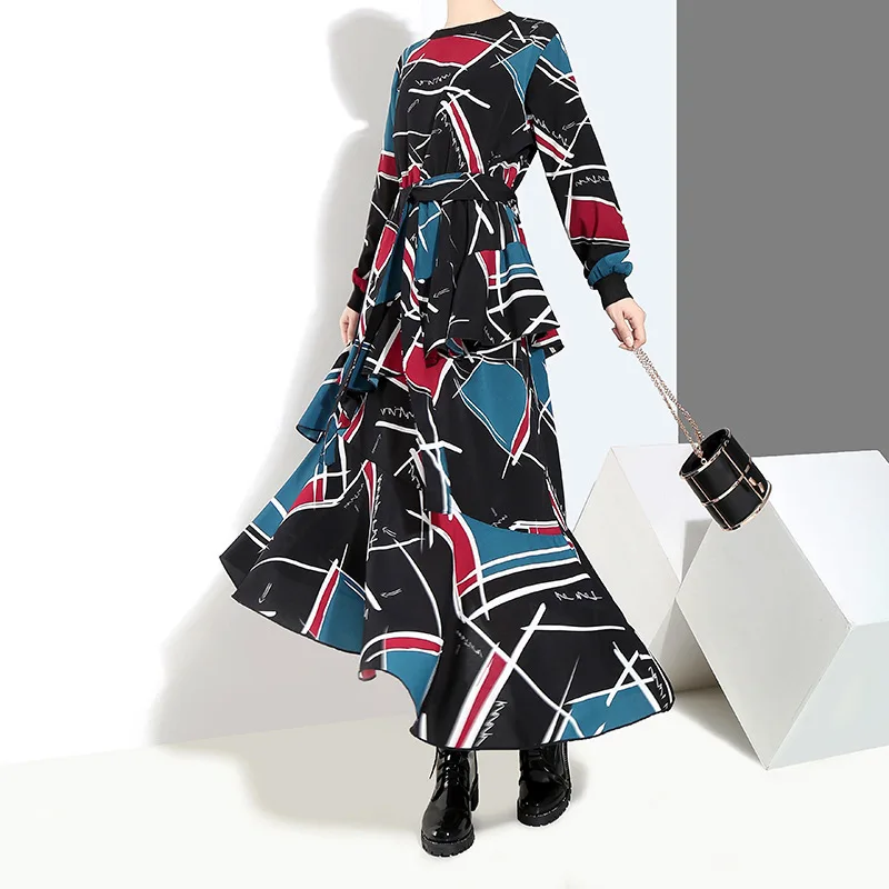[EAM] 2019 New Spring Winter Round Neck Long Sleeve Black Pattern Printed Loose Irregular Hem Long Dress Women Fashion JI043