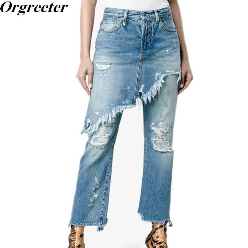 

Jeans woman Europe and America Fashion Tassel Loose Skirt Fake Two-piece Jeans Irregular Ripped hole Denim Flare Pants