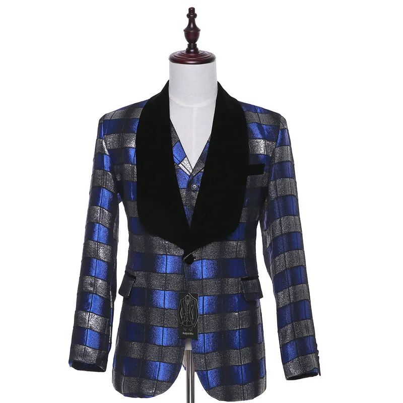 

New Fashion Formal Men Suit Jacket Two Button Blue and Black Horizontal Stripes Wool Black Velvet Lapel Prom Party Wedding Coat