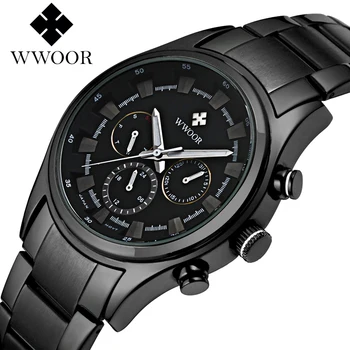 

WWOOR Luxury Brand Day Date 24 Hours Clock Quartz Watch Men Sports Watches Male Black Steel Strap Military Wristwatch Waterproof