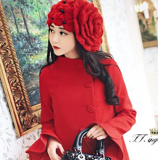 sweet women winter hat Beanies big flowers Beads Caps Lady Headgear Beanies Women's Winter Hats female Wool Knitted Hat