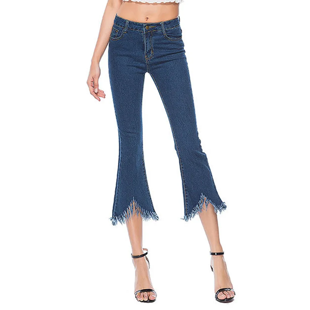 

2019 Women Skinny Bell-Bottoms Denim Jeans Stretch Slim Pants Calf Length Trousers 3.18