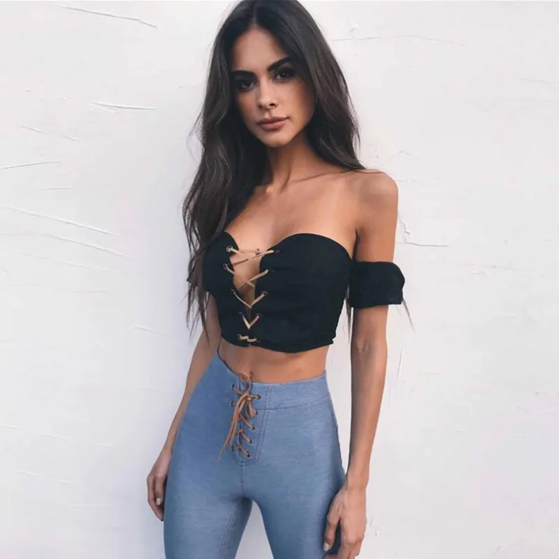 

2018 New Fashion Short Sleeve Front Lace Up Off Shoulder T-shirt Midriff Crop Top Street Style