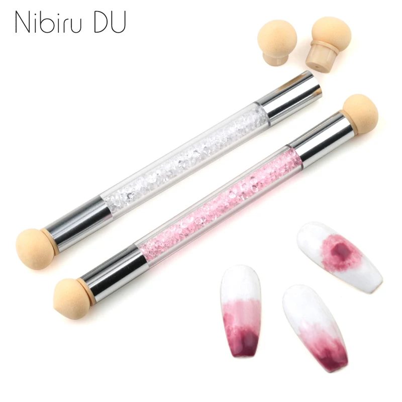  1 Pcs Double-headed Gradient Brushes Acrylic Rhinestone Handle Sponge Nail Art Brush For Ombre Grad