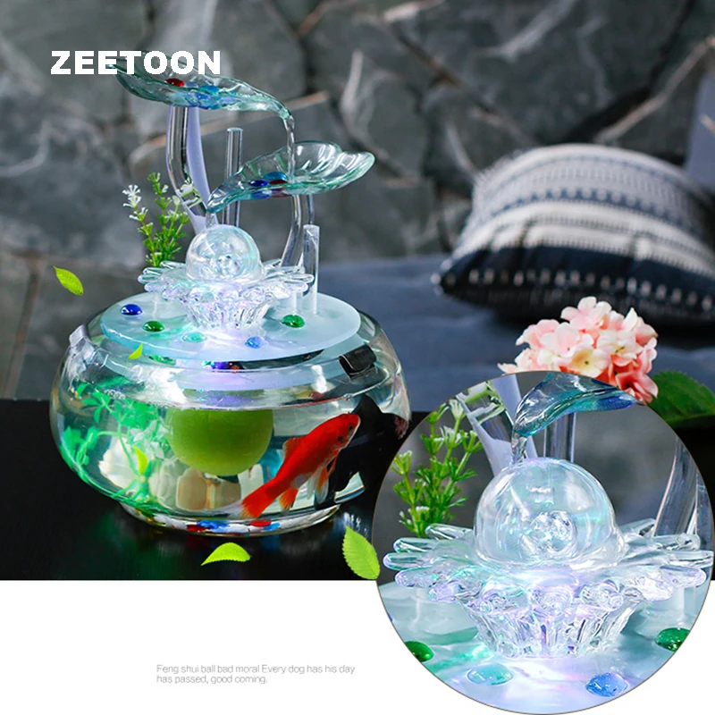 

110-220V Glass Fish Tank Lotus Water Fountain Feng Shui Ornament LED Light Lucky Home Decor Air Humidifier Creative Wedding Gift