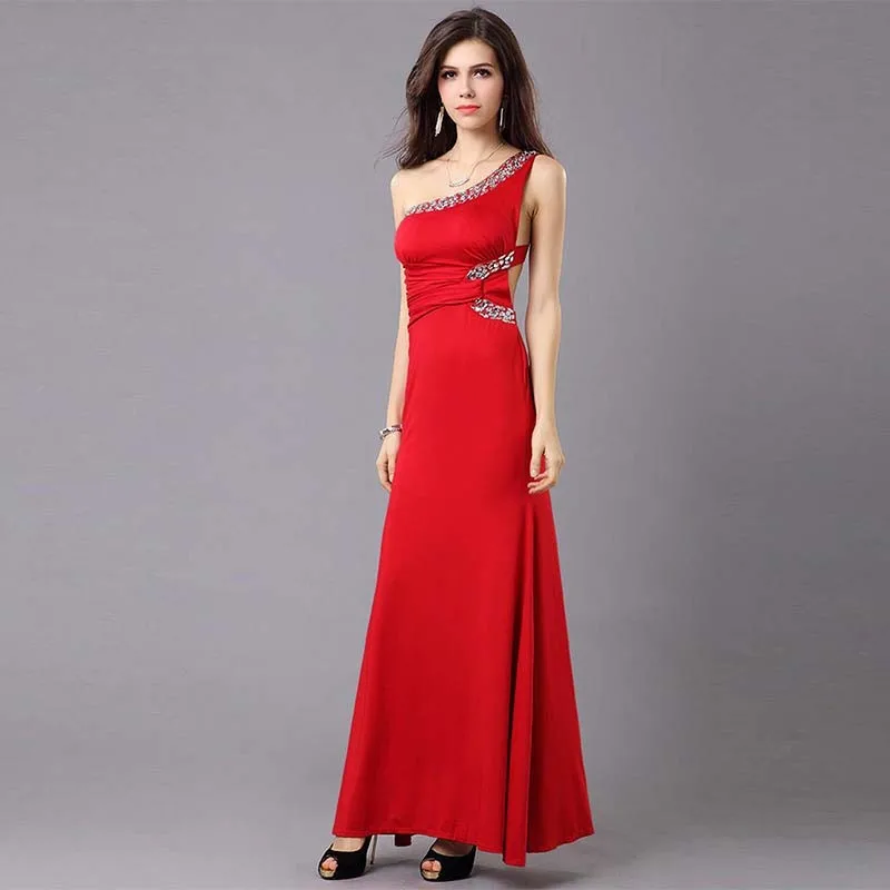 New 2016 Women's Clothing Elegant Stain Solid Red Party Casual Dress One Shoulder Sequin Sexy Ankle-Length Dresses W333683B (5)
