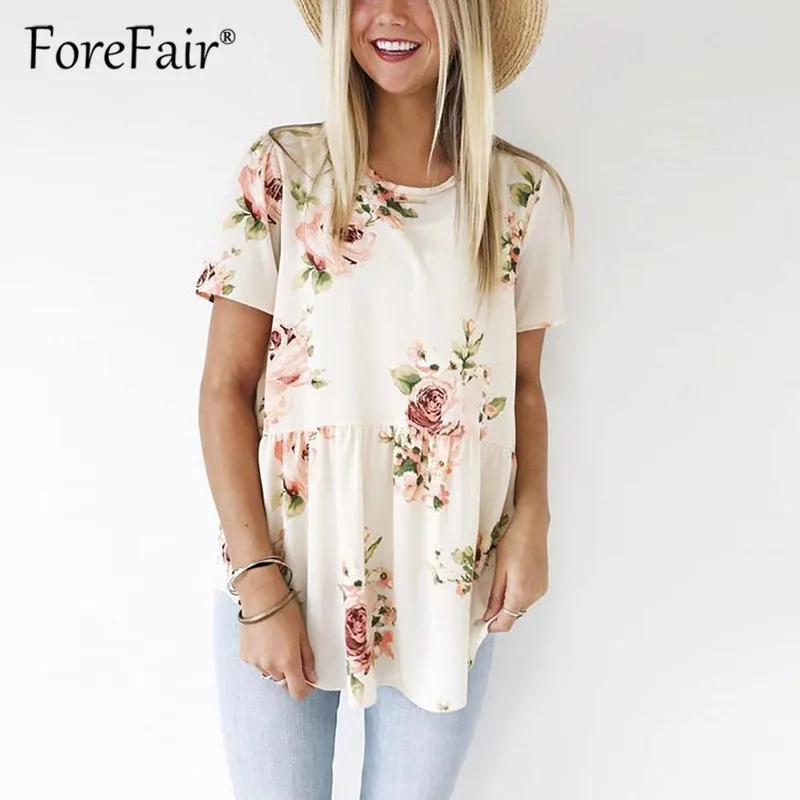 

Forefair woman tshirt top 2019 vintage print tees tops short sleeve round neck white yellow T-shirt casual women summer t shirt