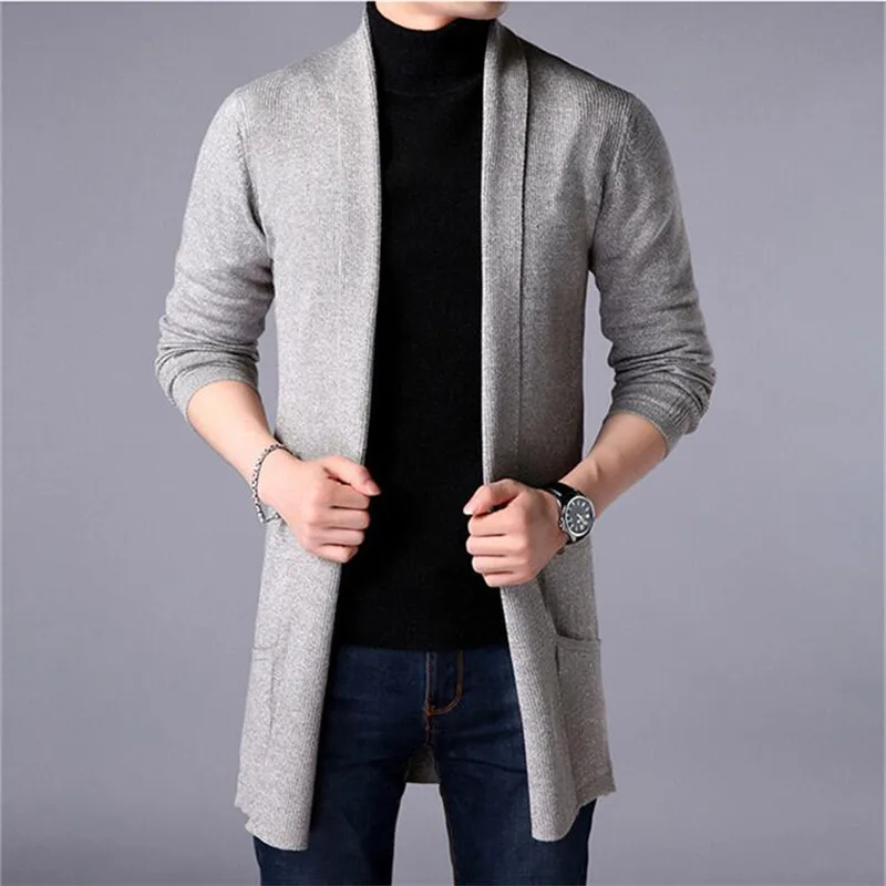 

2019 Spring Fashion Men's Long Cardigan Sweater Solid Color Knit Jacket Korean Long Sleeve Men's Slim Cardigan Sweater Jacket