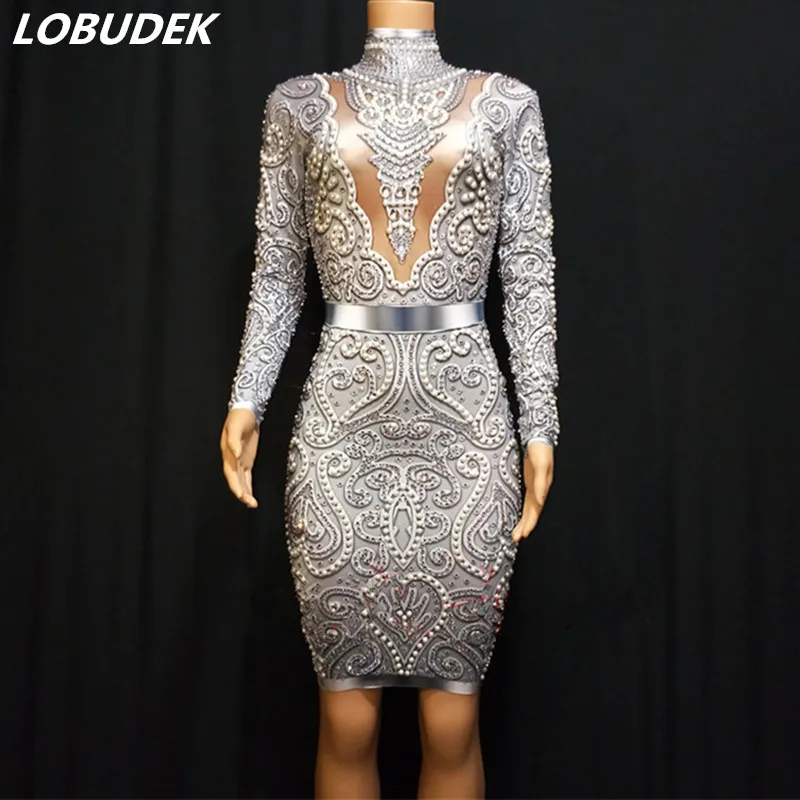 Sparkly Rhinestones Pearl Wrapped Hips Dress Women Birthday Prom Evening Party One Piece Dress Singer Dancer Host Stage Cosume Dresses Aliexpress
