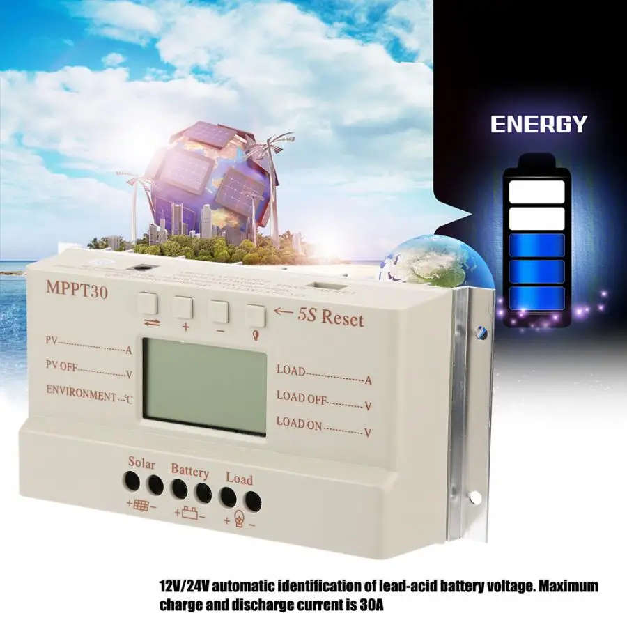 

MPPT30 Solar Charge Controller PWM 12V/24V LCD Display Battery Current Solar Charge Controller with Output Switch 30A