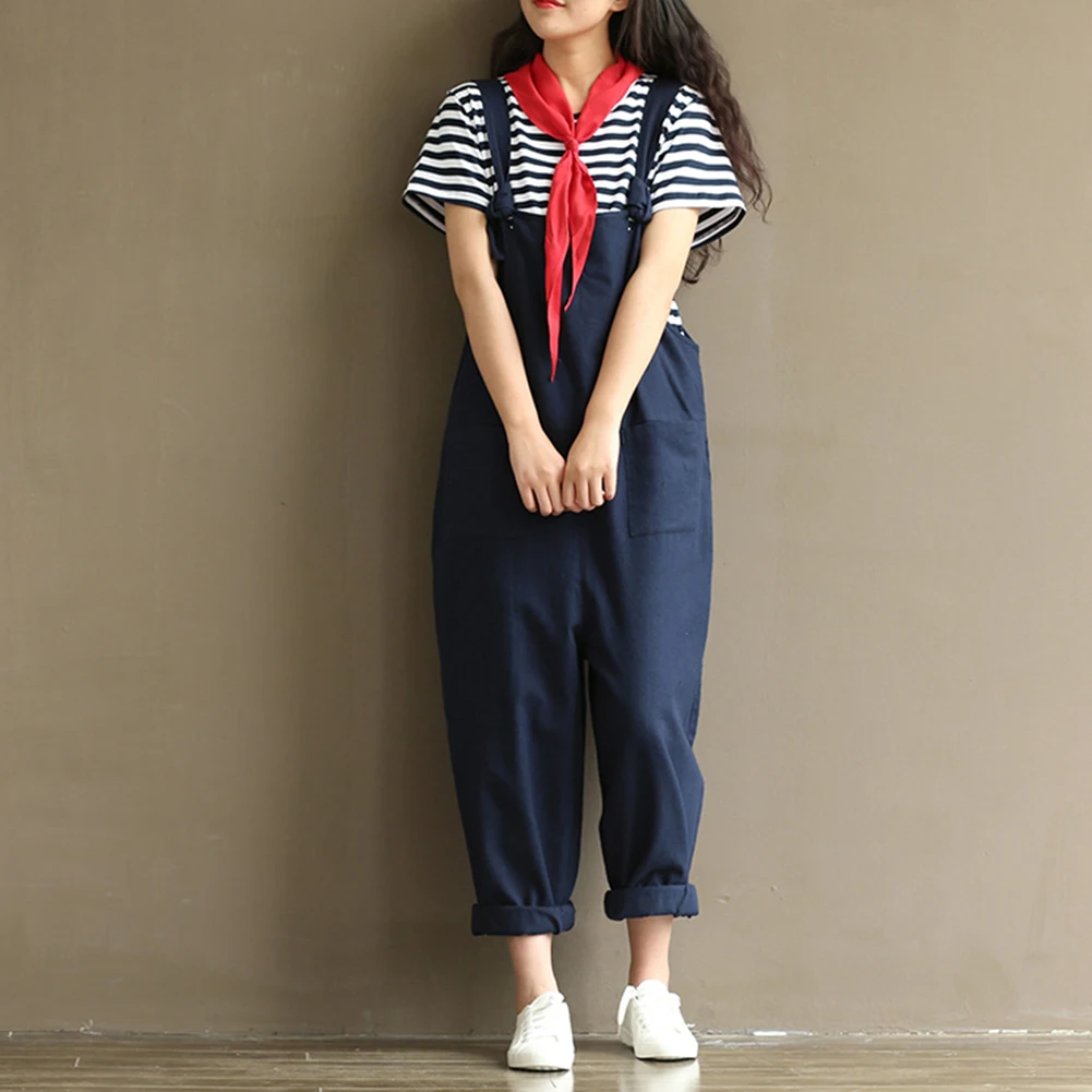 Vintage canvas Linen black / blue Women Jumpsuits Full Length Loose New Autumn Mori Girl Strap Belt Rompers Vintage canvas Linen black / blue Women Jumpsuits Full Length Loose New Autumn Mori Girl Strap Belt Rompers