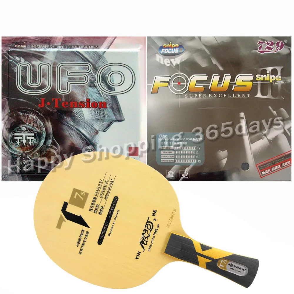

Galaxy YINHE T7s blade with 729 Focus III and Bomb UFO rubbers for a table tennis racket