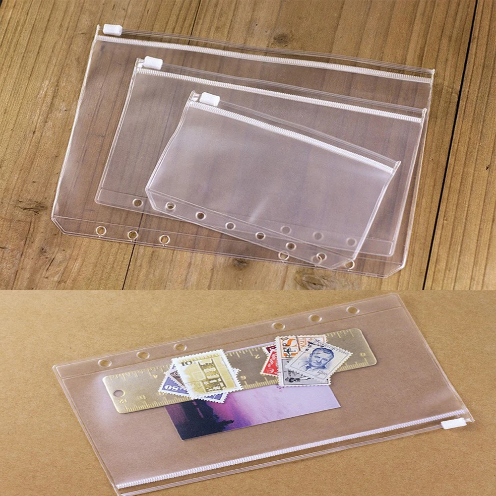 

Set of 6 Pcs Clear Plastic A5 A6 A7 Size Zipper Pockets Pouches 6-Ring Notebook Binder Pen Pencil Bag For Home & Office School