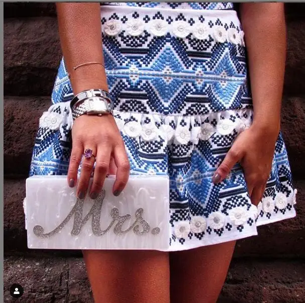 Fashion Acrylic Box Clutches Lady Beach Party Handbag Pearl White With Silver Glitter Or Gold Glitter Name Mrs Letter