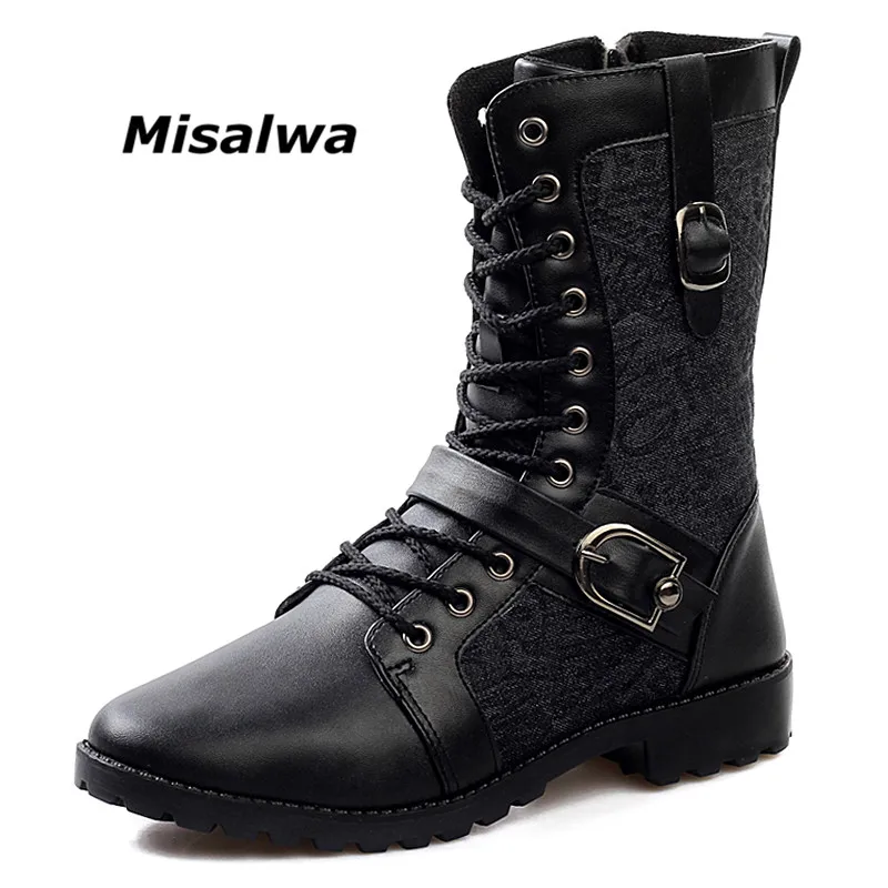 

Misalwa Mens Buckle Motorcycle Work Casual Engineer Zipper Mid-Calf Strap Boots Male Black Leather Vintage Work Combat Boots