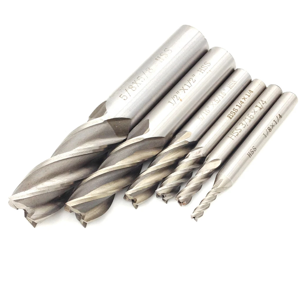

6Pcs Carbide Straight Shank End Mill Inch HSS 4 Flutes Milling Cutter Straight Shank Router Bit Set