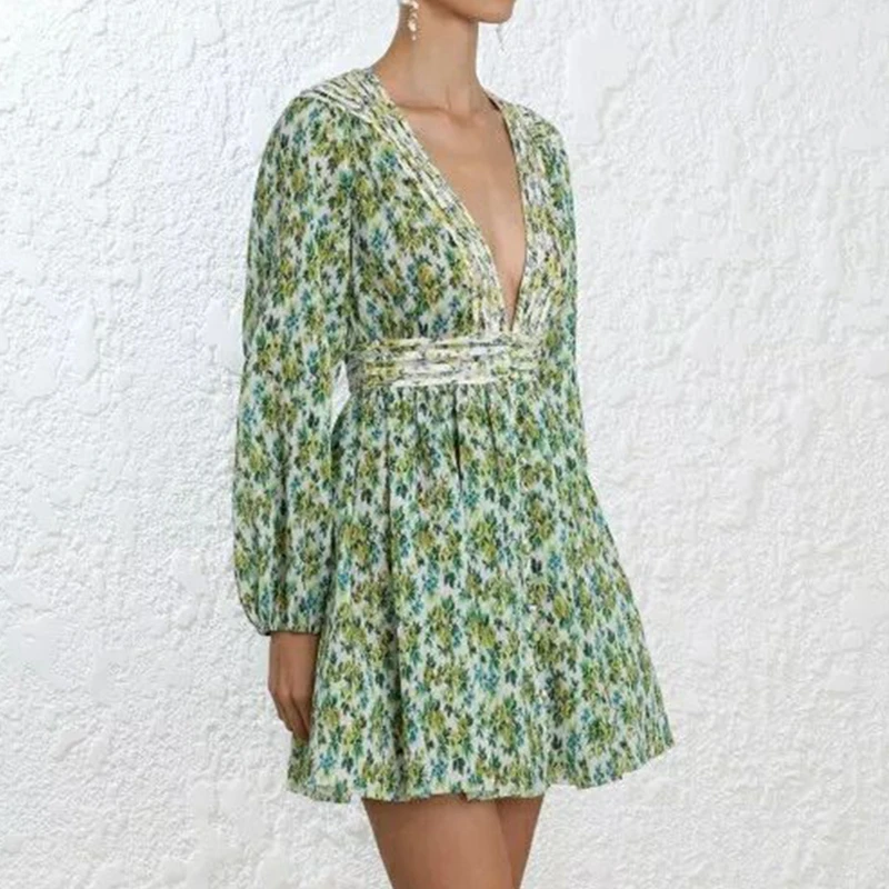MODA NOVA Designer Runway Dress Women Vintage Sexy V Neck Floral Print Pleated Long Sleeve Boho Mini Dress 2018 Autumn Vestido