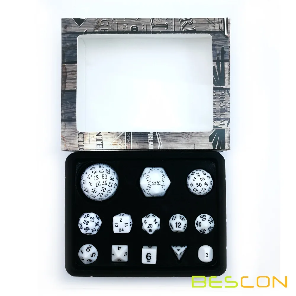 Bescon полный многогранный набор игральных костей 13 шт. D3-D100, 100 сторон набор игральных костей непрозрачный белый