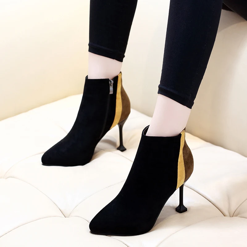 

High Quality New Flock Leather Pointed Toe Shoes Women Thin High Heel Black And Yellow Stitching Winter Ankle Boots CH-B0105
