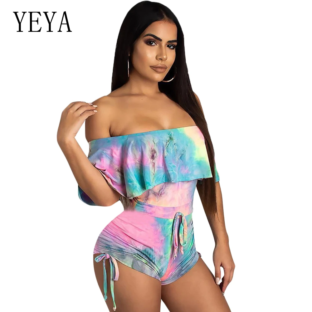 

YEYA Ruffle Off Shoulder Sexy Print Playsuit Summer Boho Beach Overalls Bodycon Shorts Rompers Women Jumpsuit Combinaison Femme