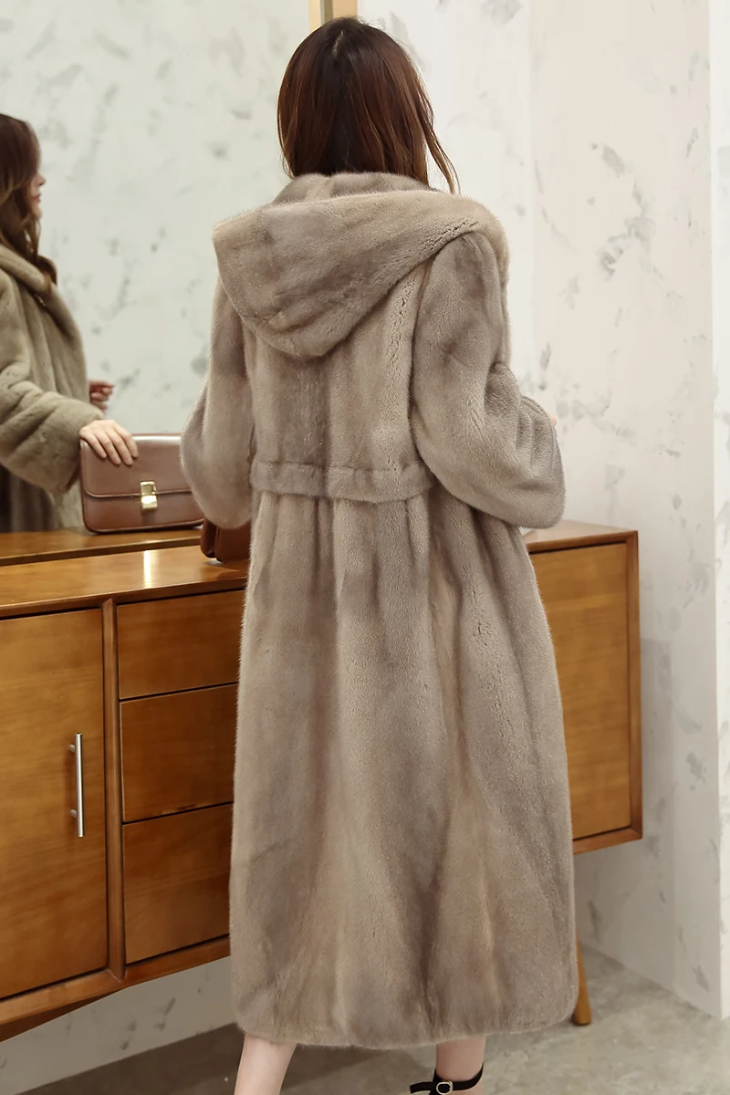 100 см длинное импортное Норковое меховое пальто для женщин зима новое полное Норковое Пальто x-long большой плюс размер с капюшоном Верхняя одежда Тренч пальто