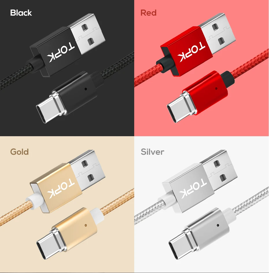 Магнитный кабель Micro USB TOPK F-Line и кабель usb type-C для синхронизации данных, светодиодный кабель с нейлоновой оплеткой и магнитным индикатором для зарядного устройства USB C