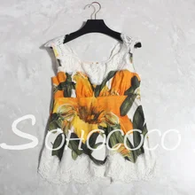 Лидер продаж Для женщин Повседневное модная одежда с принтом без рукавов с открытыми плечами и стразами; летняя Топ Элегантные, кружевные, лоскутные хлопковая футболка с короткими рукавами