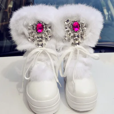 Зимние ботинки на натуральном кроличьем меху Стразы теплые ботинки со стразами под бриллианты Женская плотная теплая Высокая обувь Зимние сапоги; Большие размеры 41 - Цвет: Розово-красный
